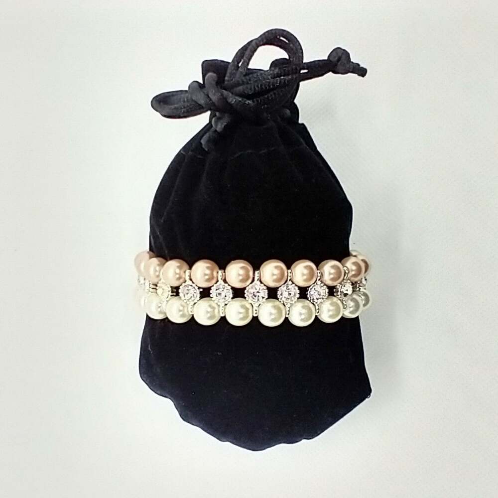 Beige and White Faux Pearl Bracelet Rhinestone Stretch
